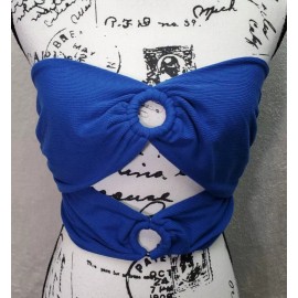 ILLA ILLA Tube Top Women's L Blue Ribbed Polyester Cutout Ring Off the Shoulder