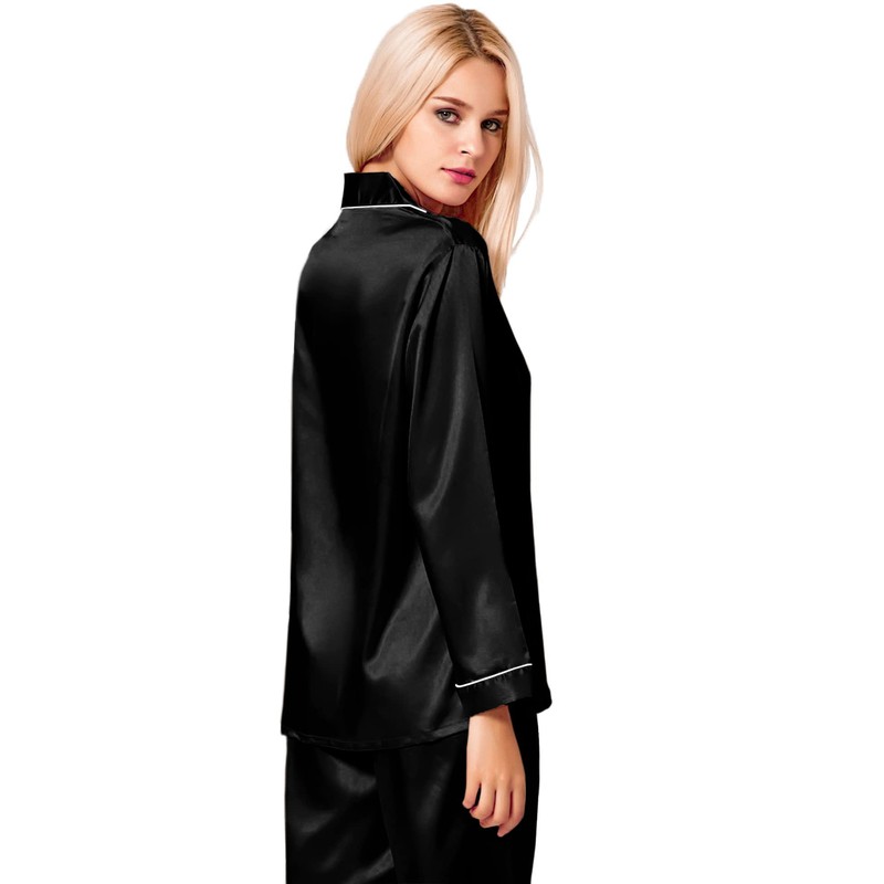 SWOMOG Satin Women's Pyjamas with Button Placket, Long Sleeve Sleepwear,