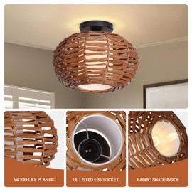 CALOKES Boho Semi Flush Mount Ceiling Light, Rattan Style Hand Woven Shade, Farmhouse Ceiling Fixture for Bedroom, Kitchen, Hallway, Entryway