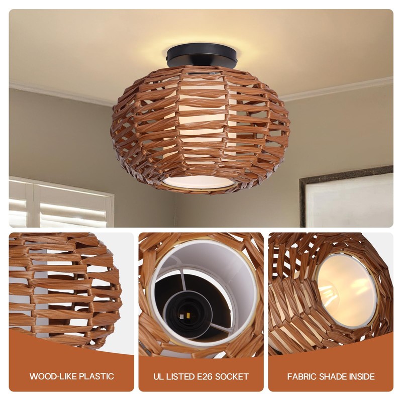 CALOKES Boho Semi Flush Mount Ceiling Light, Rattan Style Hand