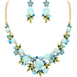 EVER FAITH Juego de Collar Aretes Rosa de mujer de cristal austriaco perla simulada flores hojas