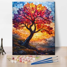 Tree of Life Paint by Numbers Kit for Adults Colorful Leaves Paintworks Artwork for Beginner Without Frame Stained Glass Styles Arts and Crafts DIY Drawing Colorful Hobby Kits(16x20in)