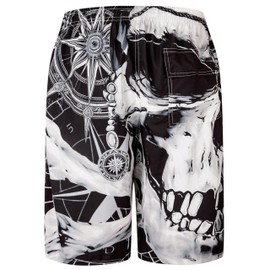 Mens Swim Trunks for Men, Black White Pirate Skull Compass Heavy Metal Mens Board Shorts Swimwear Bathing Suit with Mesh Lining, Funny Hawaii Quick Dry Beach Shorts for Men Swimming Trunks, Medium