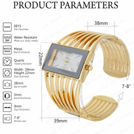 Blekon Collections Ladies Fashion Watch - Rectangular Analog Quartz Sturdy Stylish Wrist Watch Semi Cuff Bangle Watch, Silver/Gold, Modern