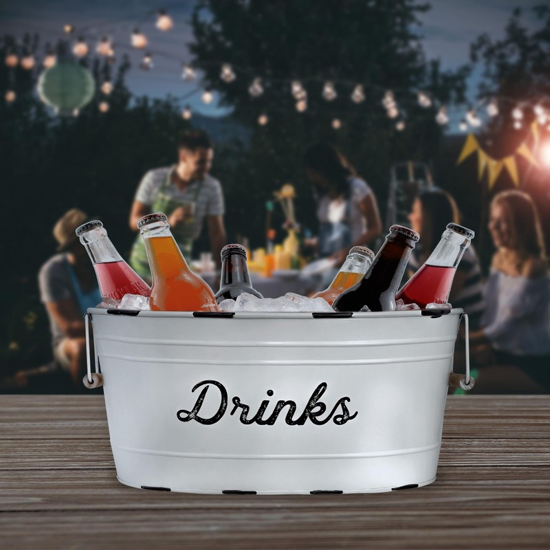 AuldHome White Enamelware Drinks Tub; Rustic Metal Beverage Serving Container