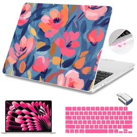 Teryeefi Compatible with M3 MacBook Air 15 inch Case 2024 2023 Release A3114 M2 A2941, Hard Shell Cover & Keyboard Cover & Screen Protector & OTG Adapter - W-Abstract Pink Flower
