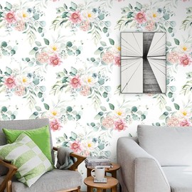 Floral Wallpaper Peel and Stick Eucalyptus Leaf Contact Paper Removable Waterproof Wallpaper Watercolor Red/Pink/Light Purple/Green/Blue Floral Decorative Vinyl Self Adhesive Wall Paper 17.71“x118.1”