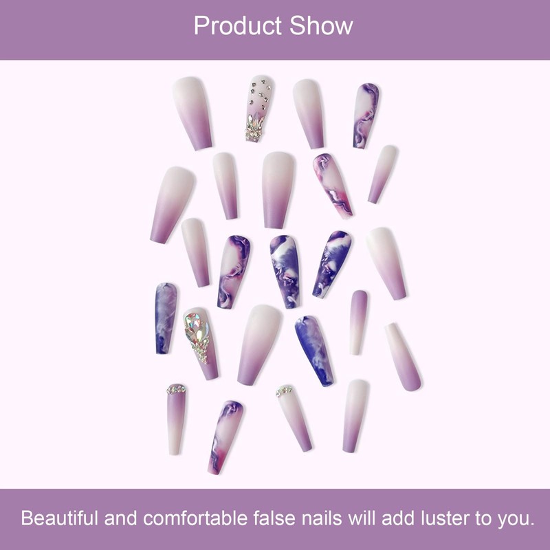 24 PCS Press-on Nail Long Fake Nail Violet Pattern False