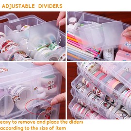 HomDSim Washi Tape Box Organizer Storage,Divider Closet Container,with 30 Adjustable Compartments,Clear,Masking Tape Desktop Tape DIY Sticker Roll Tape Cutter Holder Storage,Finger Safty Dispenser