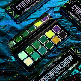 DE'LANCI Green Eyeshadow Palette, Cyber Green Makeup Palette, Multichrome Glitter & Mat, 12 Colours Bright Holographic, Pigmented Neon Green, Yellow and Purple Shades, Vegan