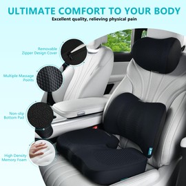 FLORICH 3 PCS Seat Cushion for Carseat Lumbar Support Pillow Car Neck Headrest Pillows Memory Foam Gel Memory Foam Massage Point Seat Pads Pressure Relief Back Cushion for Office Chair(Light Black)