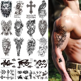 Cuteliili Half Arm Temporary Tattoos Stickers Adult Men, Semi Permanent Fake Tattoos Stickers, Wolf Lion Temporary Tattoos Realistic Waterproof Long Last for 5-7 Days