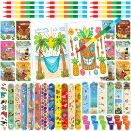 72 Pcs Hawaiian Luau Party Favors, Aloha Summer Tiki Theme Coloring Books with 12 Stacking Crayons Stamps Slap Bracelets Bookmarks for Hawaiian Tiki Party Favors, Summer Birthday Goodie Bag Stuffers