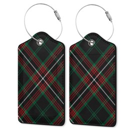 2 Pack Leather Luggage Tag for Suitcase Dark Green Red Plaid Christmas Unique Travel Tags with Privacy Cover ID Label & Stainless Steel Loop for Men and Women Baggage