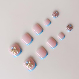 24 Pcs Pink Press on Toenails Short,YIHONGYAN Fake Toe Nails Press ons Blue French Toe Nail Tip Acrylic Kit Glue on Nails Full Cover False Toenails Glod Bow Charms Design Stick on Toenails for Women