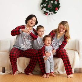 IFFEI Matching Family Pajamas Sets Christmas PJ's with Letter and Plaid Printed Long Sleeve Tee and Bottom Loungewear Men-X-Large Grey