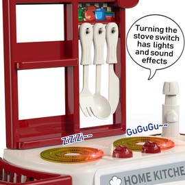 Kitchen Set for Toddler with Sound and Light，Pretend Cooking Food Set,Kids Kitchen Playset，Play Sink with Running Water and Electronic Induction Stove，Kitchen Accessories (red Kitchen Set)