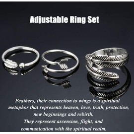 JOERICA 3 Pcs Silver Adjustable Open Rings Women Feather Thumb Stackable Knuckle Ring Sideways Arrow Horizontal Ring