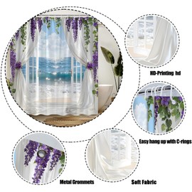 CCXTCZ Ocean Beach Shower Curtain Coastal Blue Sea Summer Hawaiian Tropical Purple Floral Leaves Nature Landscape Polyester Bathroom Decor with Hook,70" Wx70 H