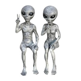 Bohue 2pcs Alien Statue Resin Alien Figure Alien Garden Ornaments Alien Sculpture Figure for Indoor Outdoor Garden Decor