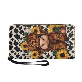 SCRAWLGOD Sunflower Wallet for Women Around Zipper Long Purse Travel Clutch Bag, 0 Highland Cow Sunflower Black Cow Print, One Size