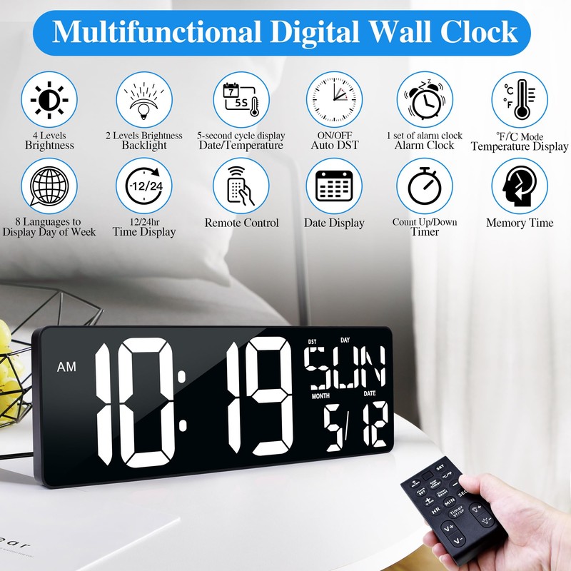 Large Digital Wall Clock with Remote Control 17.2" LED Large