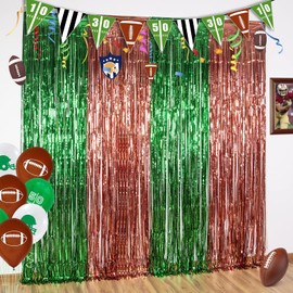 LOLStar 3 Pack Football Party Decorations, 3.3x6.6ft Green Brown Foil Fringe Curtains Metallic Tinsel Photobooth Props Backdrop for Super Ball Sunday Fantasy Football Draft Streamers Decors Supplies
