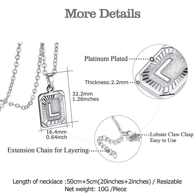 FOCALOOK Initial Necklaces for Women Rectangle Shaped Platinum Plated Silver