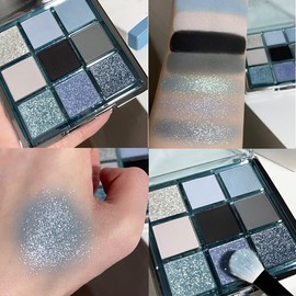9 Colors Blue Grey Eyeshadow Palette - Cool Toned Matte, Shimmer & Glitter Shadows, High Pigment, Long Lasting, Smudge-proof - For Daily, Smokey, Stage Makeup - Blue Glitter Eyeshadow Kit