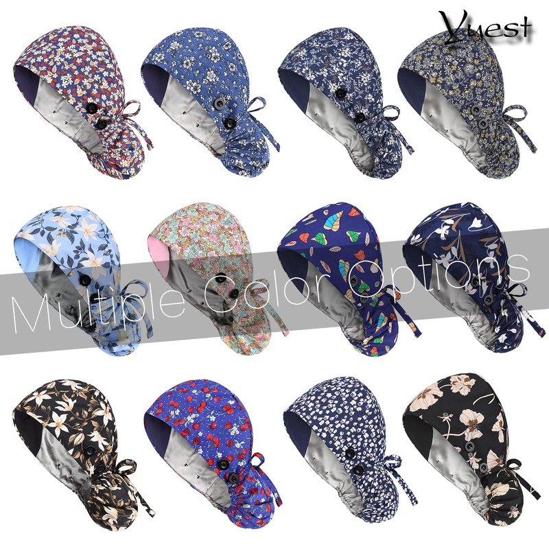 2 Pack Satin Lined Scrub Caps with Buttons & Sweathand,