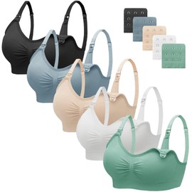 HBselect 5 Pieces Pregnancy Nursing Bra Seamless Nursing Bra with Additional Bra Extensions Breastfeeding and Sleep Without Underwire for Women, Black, grey, blue, beige, dark green