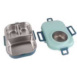 Thermal Lu Box 1100ml Doble Capa Diseño de 3 Rejillas 304 L Caja de Acero con Palillos Cuchara Tazón de Sopa Rosa para Uso Doméstico, Accesorio Multifuncional (BLUE)