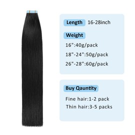 Ninaand Tape in Hair Extensions Human Hair 24 inches 50g/pack 20pcs #1 Jet Black Tape in Hair Extensions Remy Human Hair Seamless Silky Straight Tape in Human Hair Extensions