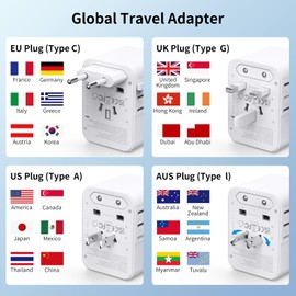 Travel Adapter Worldwide, Universal Travel Plug with 2 USB A and 2 USB C, International Plug Traval Adapter for Germany, USA, England, Australia, Japan, Travel Essentials (White)