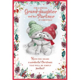 Granddaughter & Partner Christmas Card - Bears in Hats Holly Border Foil 7.5x5.5