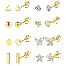 Jstyle 8 Pairs Sterling Silver Stud Earrings for Women, 14K Gold Stud Earrings for Women, Hypoallergenic Small Cubic Zirconia Studs Earrings