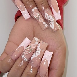 Extra Long Press on Nails Square Coffin Fake Nails Nude Pink Floral Design Full Cover Acrylic False Nails for Women and Girls 24PCS XY-60-79