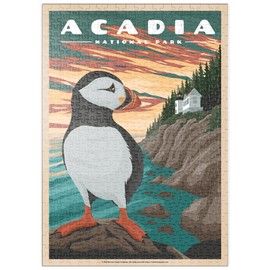 MyPuzzle Acadia National Park - Bass Harbor Puffins, Vintage Travel Poster - Premium 500 Piece Puzzle - MyPuzzle Special Collection by Havana Puzzle Company