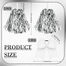 Hanaive 3 Pcs Plastic Cheerleading Pom Poms and Large Cheerleader Hair Bow Cheer Supplies for Dance Squad Sport Rooters Accessories(Silver)