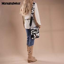 Montana West Cow Print Crossbody Purse for Women Multi Pocket Crossover Side Purses Medium Size Cross Body Bag with Wide Guitar Strap Travel MWC-184CBK