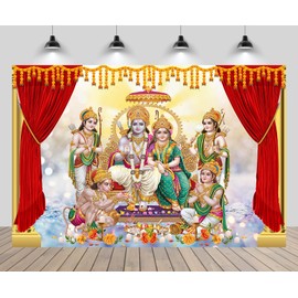 CHNYWORK 2.1x1.5m Indian Hindu God Backdrop Indian Ram Sita Hanuman Hindu God Ganesh Marigold Puja Scenery Background Ganesha Indian Festival Party Decor Photo Booth Props Wallpaper