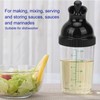 Salad dressing shaker, with measuring scale, removable mixing disk and