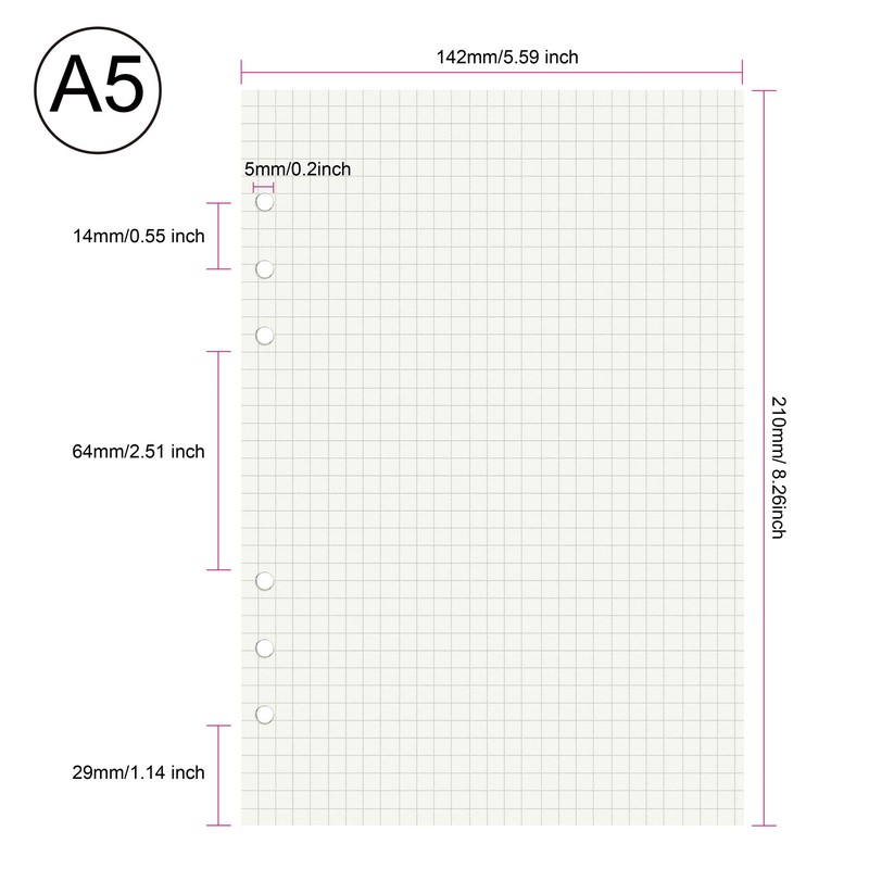 135 Sheets A5 Refill Paper Squared 6 Holes Blank for
