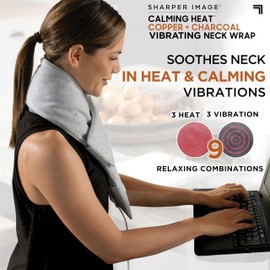 Calming Heat Neck Wrap by Sharper Image Copper & Charcoal Infused Personal Electric Neck Heating Pad with Vibrations, 3 Heat & 3 Vibration Settings- 9 Relaxing Combinations