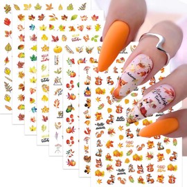 8Sheets Maple Leaf Nail Stickers 3D Self-Adhesive Thanksgiving Nail Stickers for Nail Art Cute Fox Maple Leaves Pumpkin Nails Decals Autumn Leaf Nails Design Supplies Fall Nails Accessories for Women