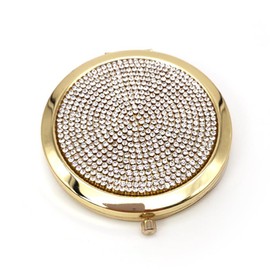 Reazana 2pcs Magnifying Compact Mirrors Pocket Purse Makeup Mirror 1X 2X Folding Cosmetic Mirror Foldable Mini Round Travel Mirrors 2.75 Inch Sturdy Metal with Diamonds Gifts for Women Girls (Golden)