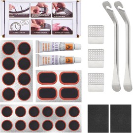 Zacro Kit de Reparación para Bicicleta 34 Piezas, con Parches Vulcanizantes, 2 Palancas de Acero, Líquido - Kit de Parches para MTB, Ebike y Kit de Herramientas
