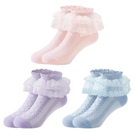 PONCEAU 3 Pairs of Ruffle Socks Children Girls Children's Socks Girls Lace Socks Ruffle Princess Socks Cotton Socks for 2-12 Years Girls Size 13-17 cm, White*3