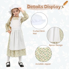 Wizland Victorian Maid Costume for Girls,Victorian Village Medieval Outfit with Dress&Hat,Kids Prairie Vintage Fancy Dress for age 6-8(Floral