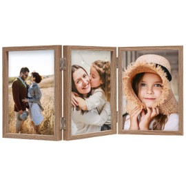 ORIVAN 5x7 Triple Picture Frame Hinged 3 Photos Folding Photo Frames with Glass Vertical Stand Frames, Wood Grain